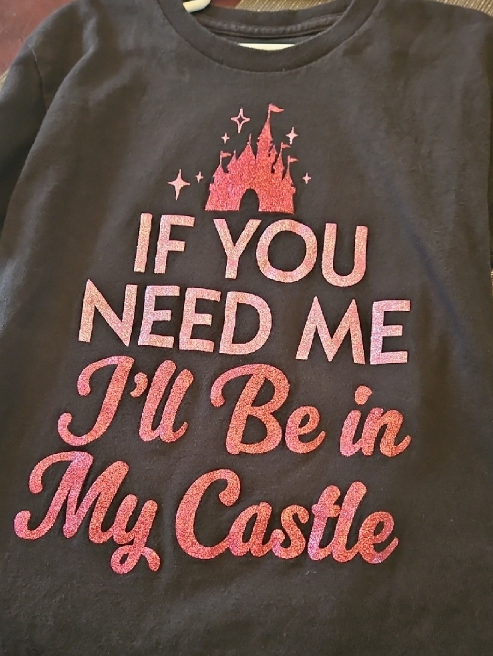 Disney Girls Black Tee with Pink Glitter Castle & Quote - Picture 3 of 5